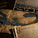 Bizance : carte antique froissée et photo de Constantinople