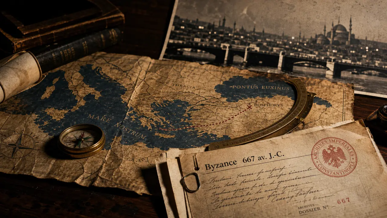 Bizance : carte antique froissée et photo de Constantinople