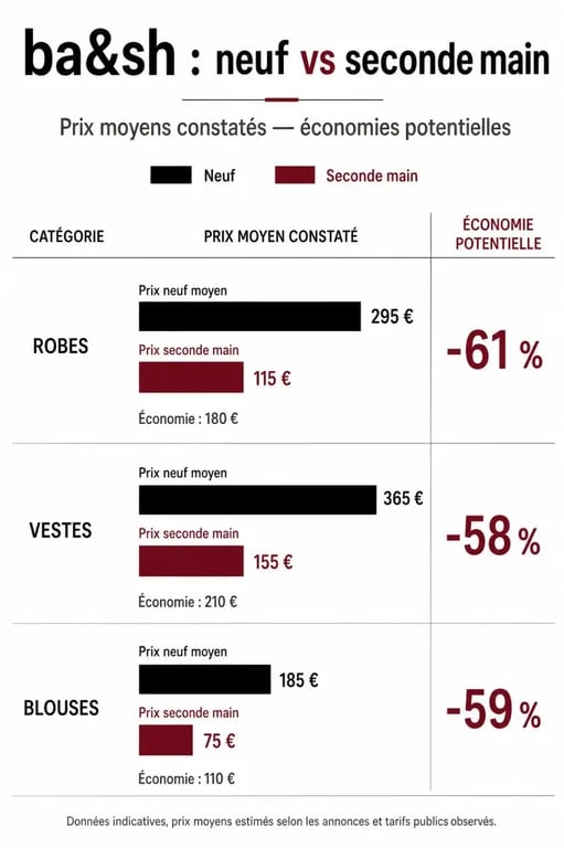 Infographie comparative des prix ba&sh seconde main à Paris : économies réalisées sur les pièces iconiques.