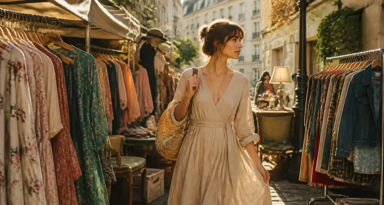 Robe en lin sur un march&eacute; vintage parisien