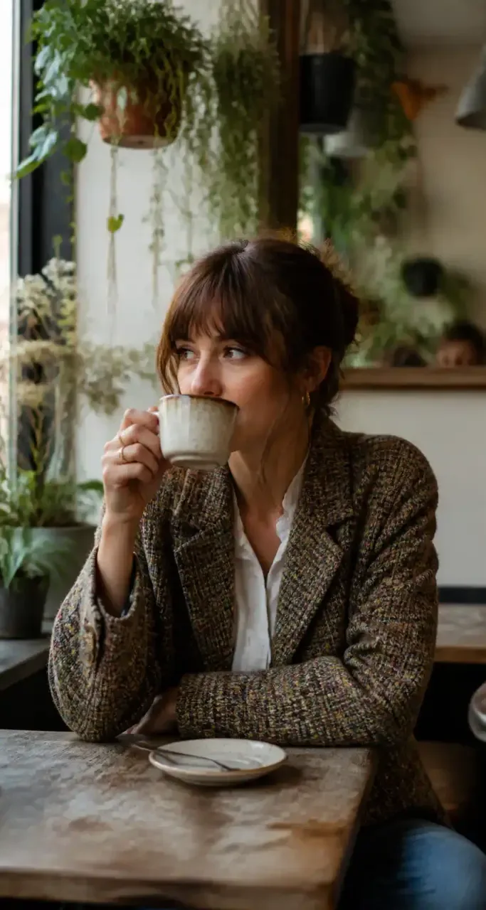 Portrait d'une femme en tenue de seconde main dans un caf&eacute; parisien