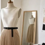 Robe bi matière effet deux pièces : silhouette affinée, intérieur lumineux près d’une fenêtre