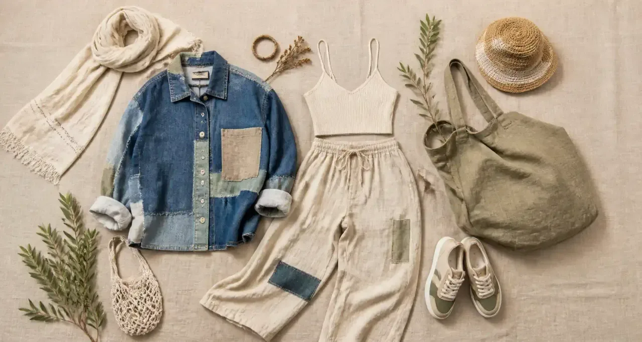 Tenue upcycl&eacute;e pr&eacute;sent&eacute;e en flatlay, tendances mode durable