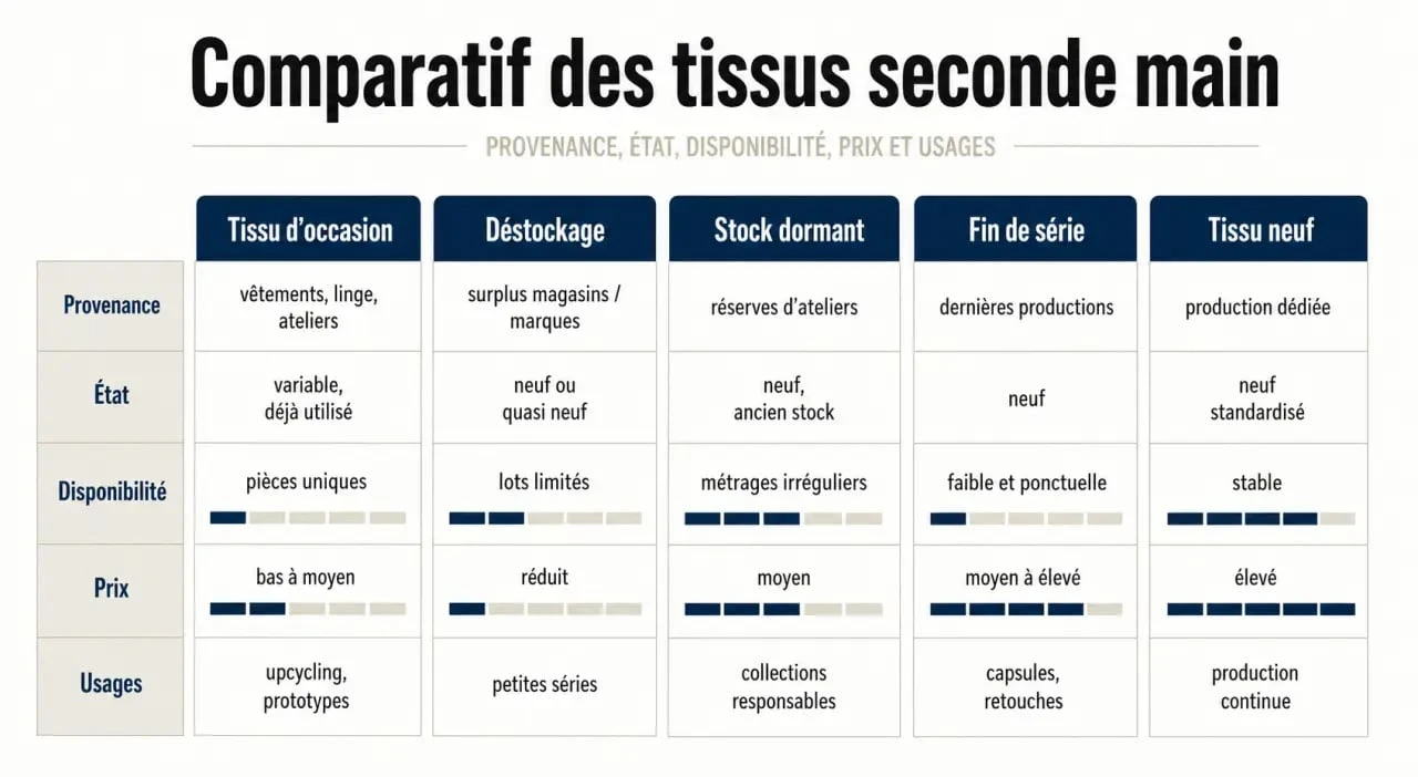 Comparatif des tissus seconde main, déstockage, stock dormant et tissu neuf