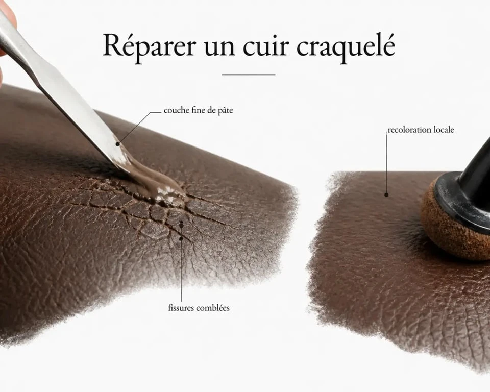Rénover un cuir craquelé : application d’une pâte réparatrice et recoloration
