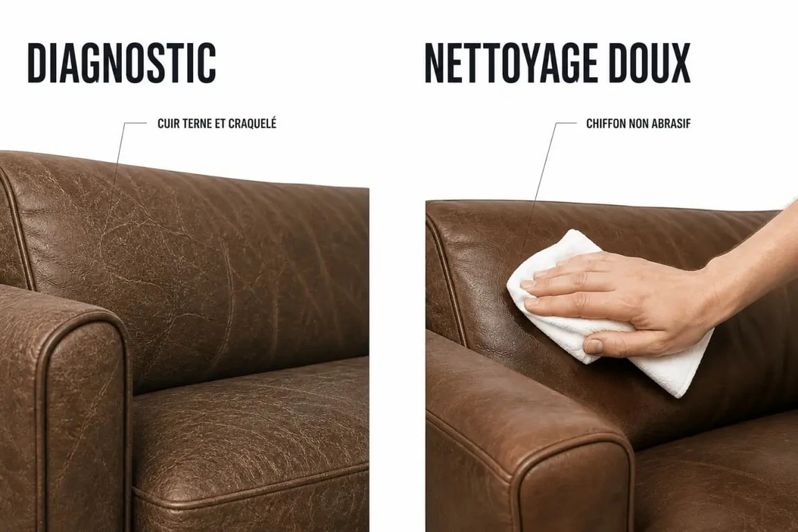 Rénover un cuir : diagnostic et nettoyage doux d’un canapé en cuir abîmé