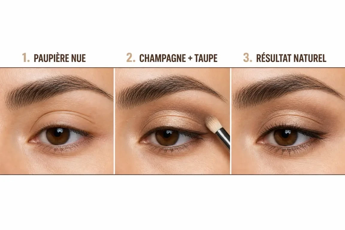 Naturel maquillage yeux marrons en trois étapes avec fards champagne, taupe et mascara brun