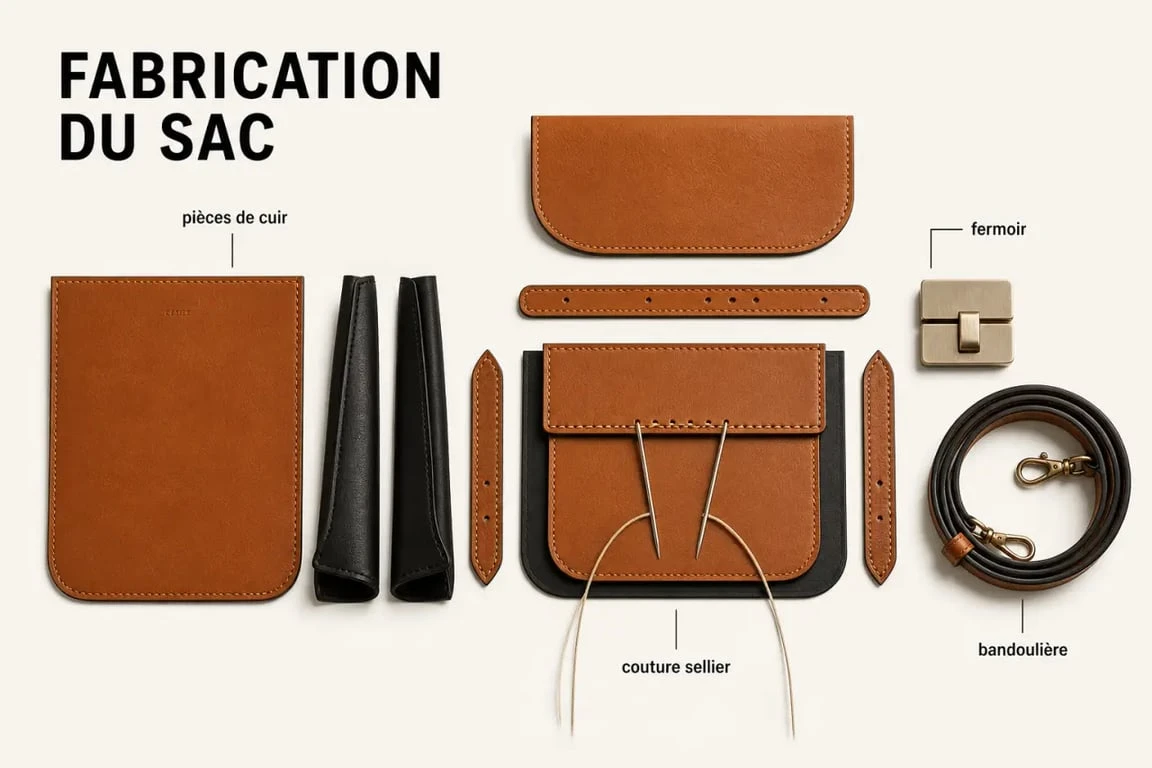 Atelier création sac à main paris montrant les étapes de fabrication d’un sac en cuir