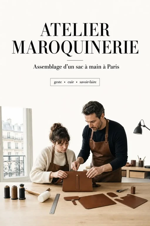 Atelier création sac à main paris dans un atelier de maroquinerie, artisan guidant une débutante