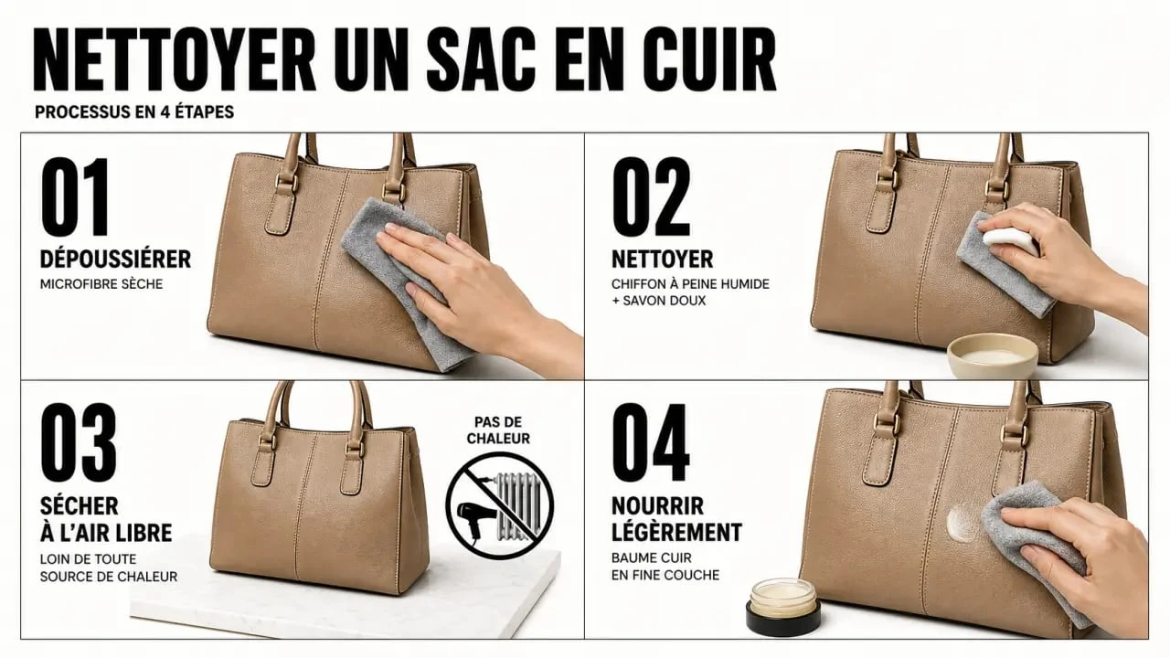 Nettoyage sac en cuir en 4 étapes avec chiffon, savon doux, séchage et entretien