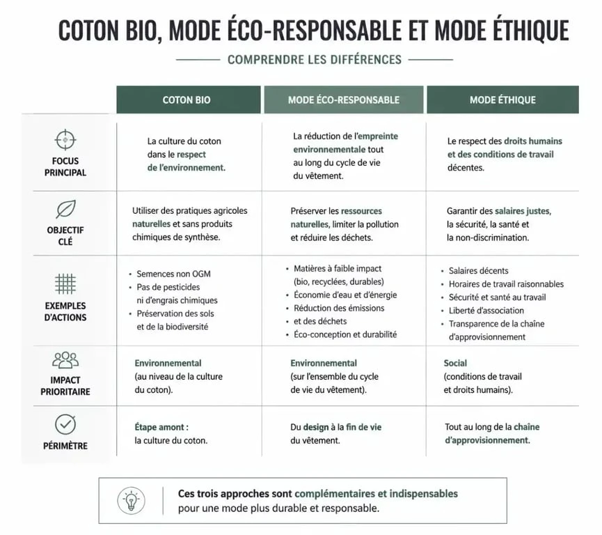 Comparatif visuel entre coton bio, mode éco-responsable et mode éthique