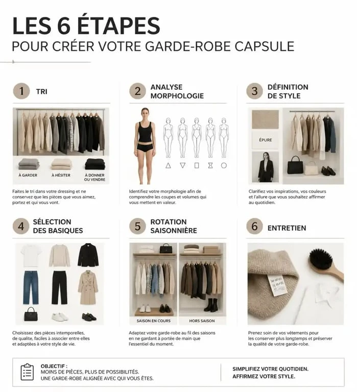 Les 6 étapes clés pour construire sa garde-robe capsule et optimiser son dressing.
