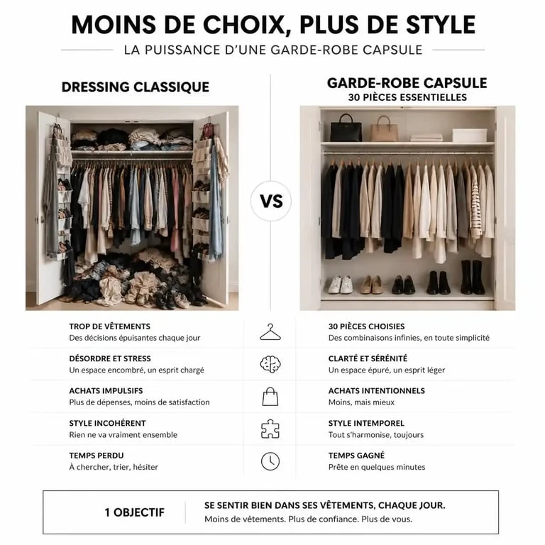 Comparaison visuelle entre un dressing classique encombré et une garde-robe capsule organisée pour simplifier le quotidien.