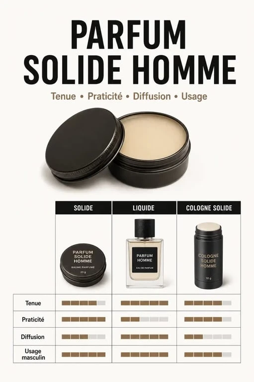 Comparatif parfum solide homme, parfum liquide et cologne solide dans une mise en page éditoriale sobre