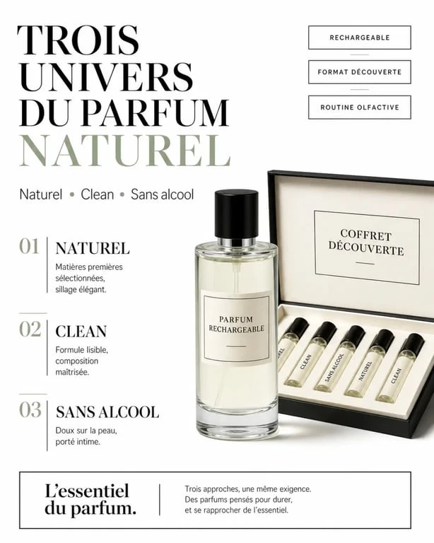 Comparaison parfum naturel paris entre naturel, clean, sans alcool et flacon rechargeable