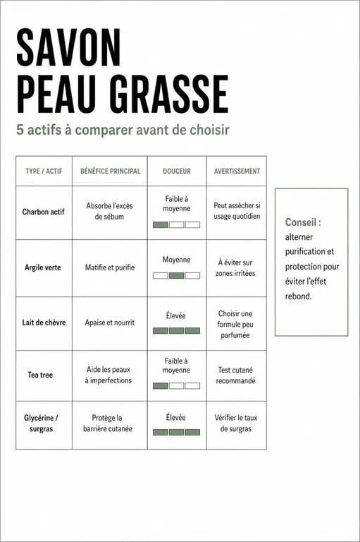 Savon peau grasse : comparaison visuelle des types de savon et des actifs adaptés
