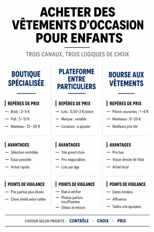 Guide vetements occasion enfants : comparaison visuelle des canaux d’achat et des prix