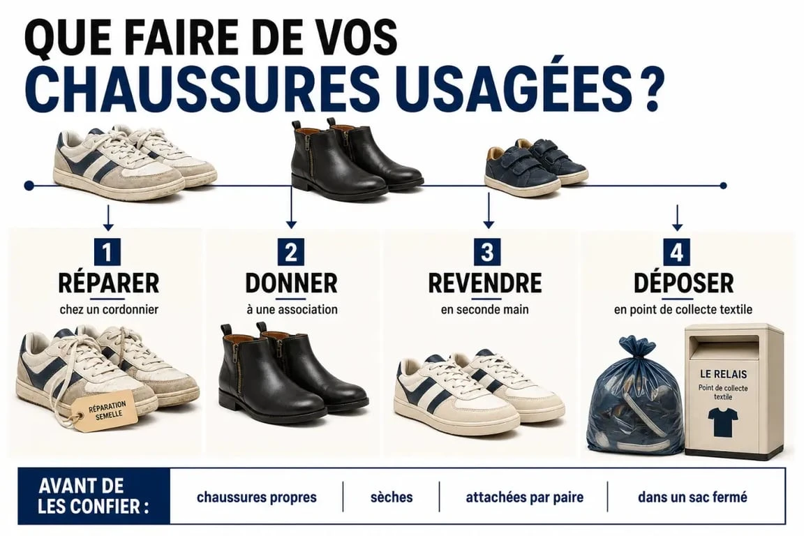 Infographie éditoriale sur le recyclage chaussures montrant réparer, donner, revendre ou déposer selon l’état de la paire
