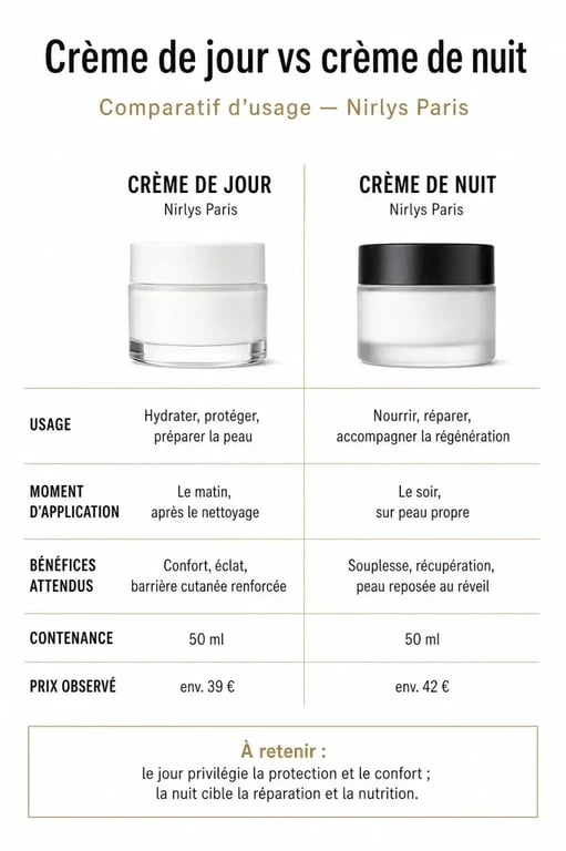 Comparatif crème visage Nirlys Paris entre crème de jour et crème de nuit