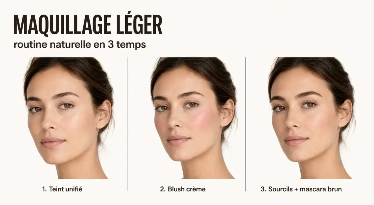 Maquillage leger naturel : routine visage en trois gestes avec teint léger, blush crème et mascara brun