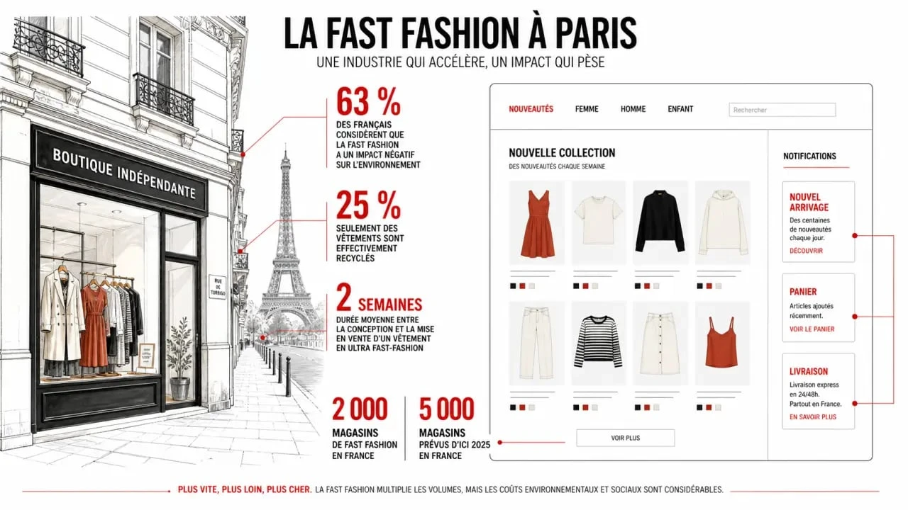 Fast fashion paris : illustration éditoriale montrant une boutique parisienne face à l’e-commerce et des chiffres clés