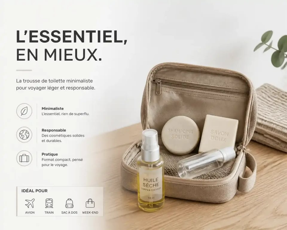 Trousse beauté idéale pour voyager léger avec cosmétiques solides et flacons rechargeables