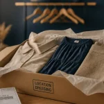 Louer des vetements : carton de location et tenues sur table, dressing désencombré