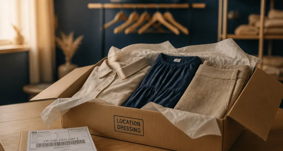 Louer des vetements : carton de location et tenues sur table, dressing désencombré