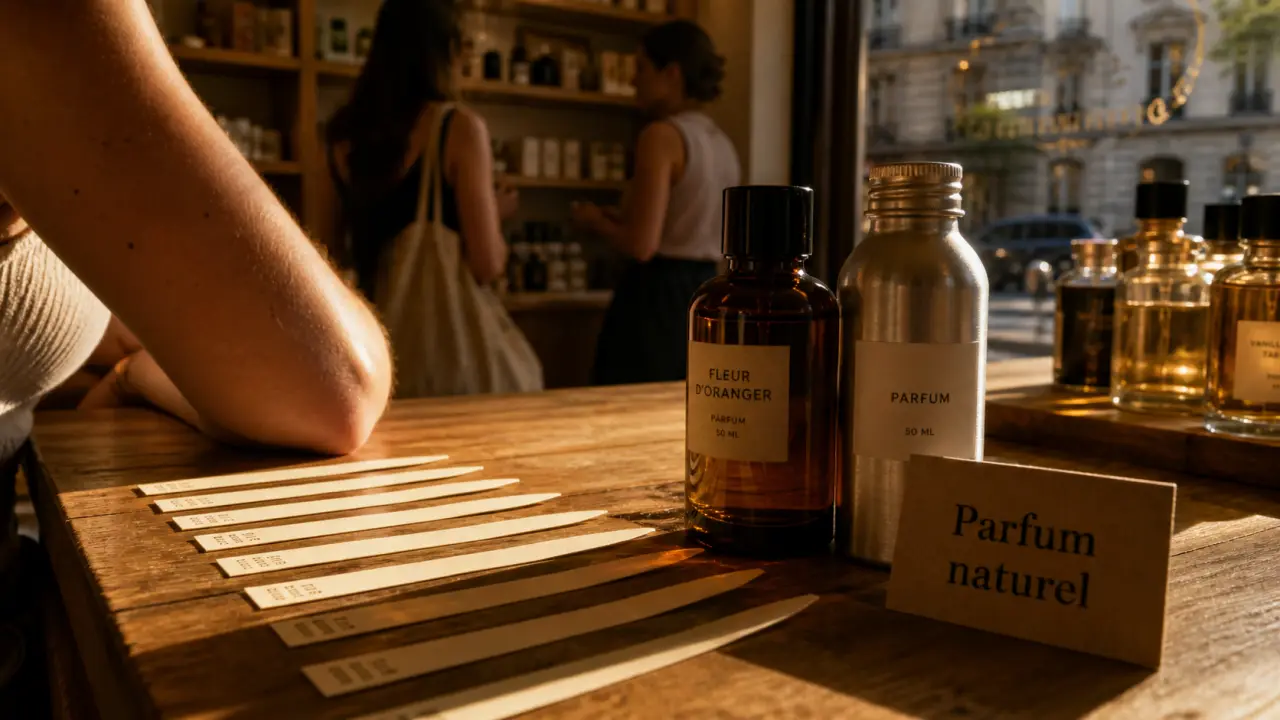 Parfum naturel paris en boutique : flacons ambrés et recharge