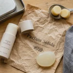 Parfum solide homme sans alcool, boîte métal et stick sur table