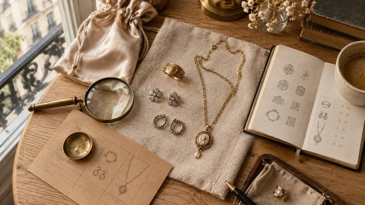 Bijoux seconde main Paris pas cher : bague, collier et boucles vintage sur table