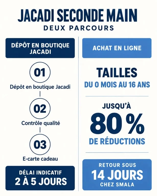 Infographie comparative sur le Jacadi seconde main entre dépôt en boutique et achat en ligne