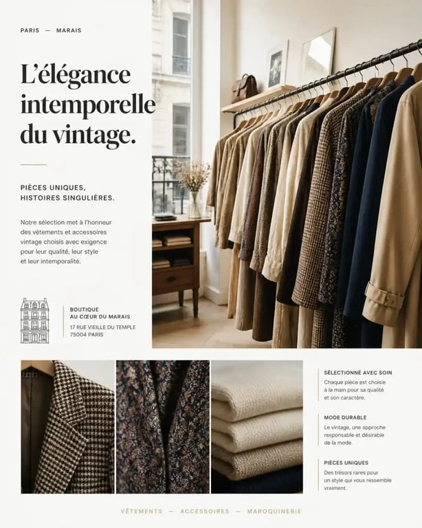 Boutique de vêtements de seconde main à Paris avec des portants de vêtements vintage