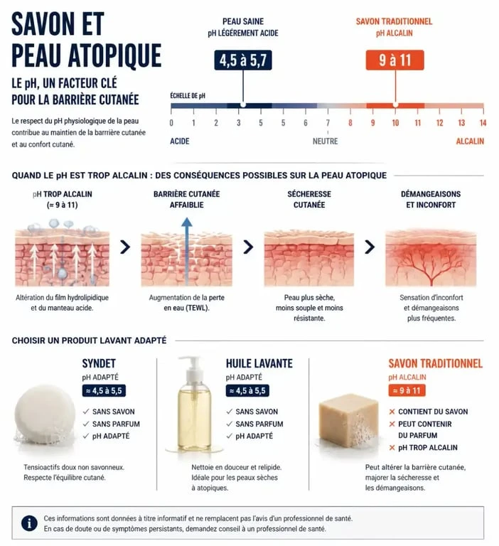 Infographie sur le savon peau atopique et la différence de pH entre syndet, huile lavante et savon traditionnel