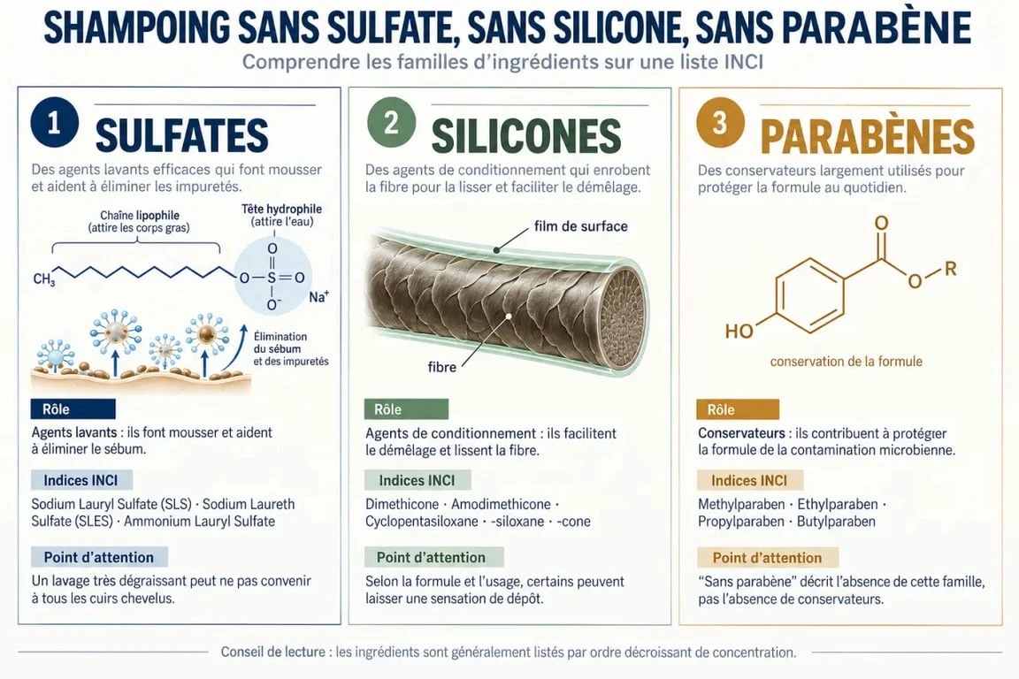 Infographie pour comprendre un shampoing sans sulfate sans silicone sans paraben et repérer les ingrédients dans la liste INCI