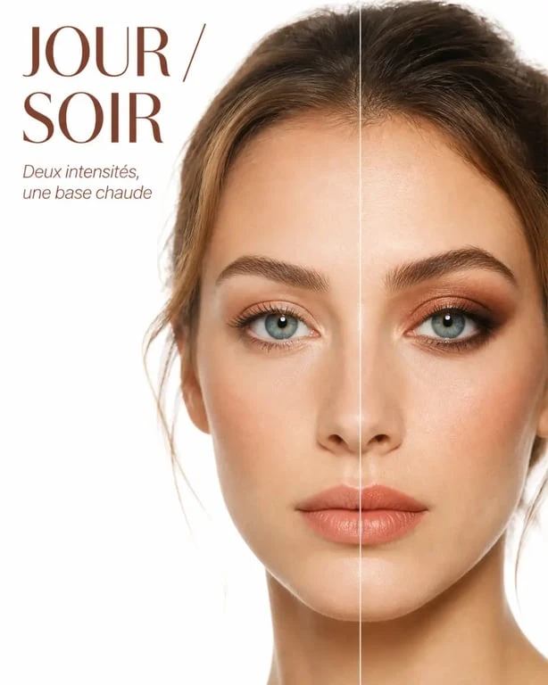 Maquillage naturel yeux bleus sur modèle aux yeux bleus, avec palette chaude et rendu lumineux