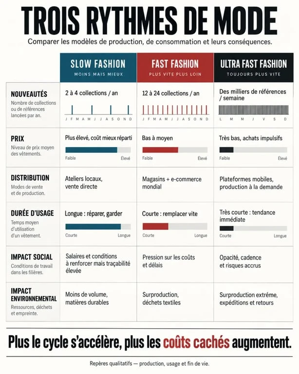 Infographie comparative pour comprendre la fast fashion def, la slow fashion et l’ultra fast fashion