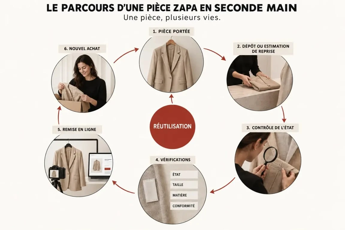 Infographie sur le parcours d’une pièce ZAPA seconde main, du contrôle qualité à la revente
