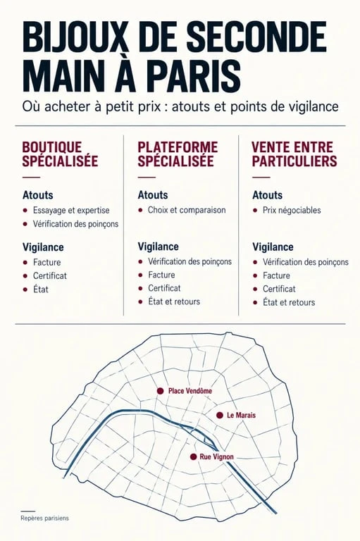 Bijoux de seconde main pas chers à Paris : comparaison des boutiques, plateformes et ventes entre particuliers