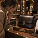 Boutique heritage paris seconde main : client observe un sac en cuir sombre