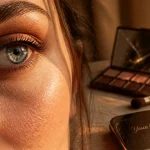 Maquillage naturel yeux bleus : cuivre doux et taupe chaud, gros plan.