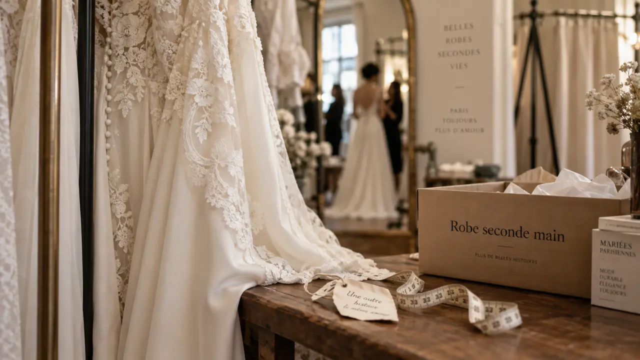 Robe de mariée seconde main Paris, crêpe et dentelle
