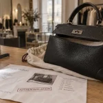 Sac de luxe seconde main paris en cuir sur comptoir, authentication visible