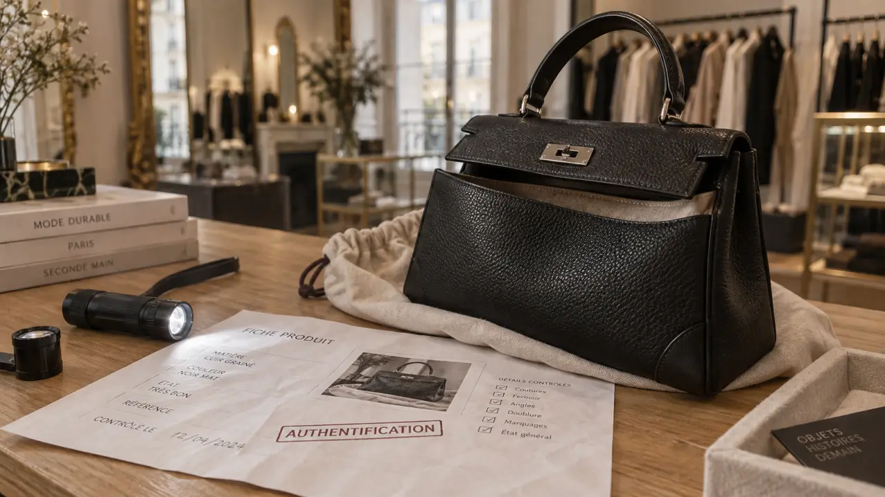 Sac de luxe seconde main paris en cuir sur comptoir, authentication visible