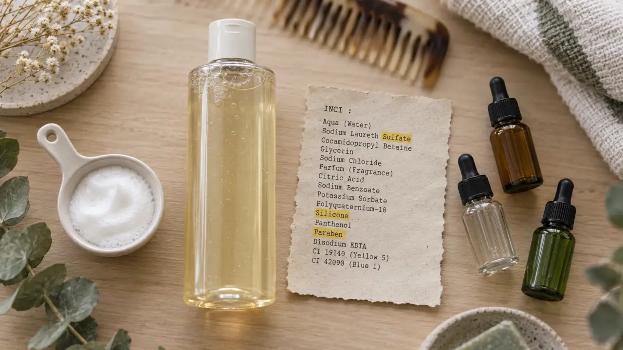 Shampoings sans sulfate sans silicone sans paraben : flacon et mousse douce en salle de bain