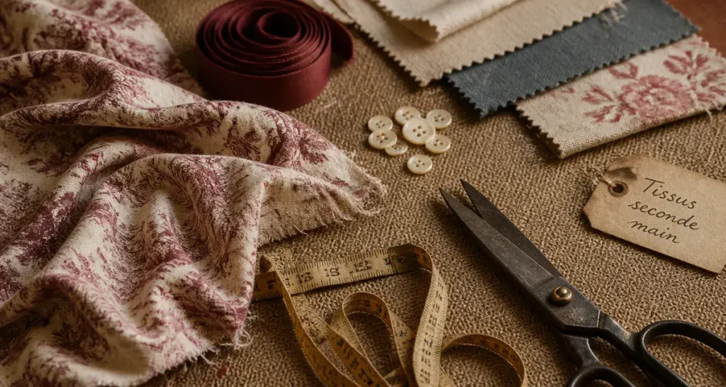 tissu seconde main paris : coupon vintage et ciseaux sur nappe