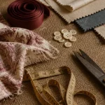 tissu seconde main paris : coupon vintage et ciseaux sur nappe