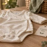 Body coton bio sur table, étiquette coton bio et pressions