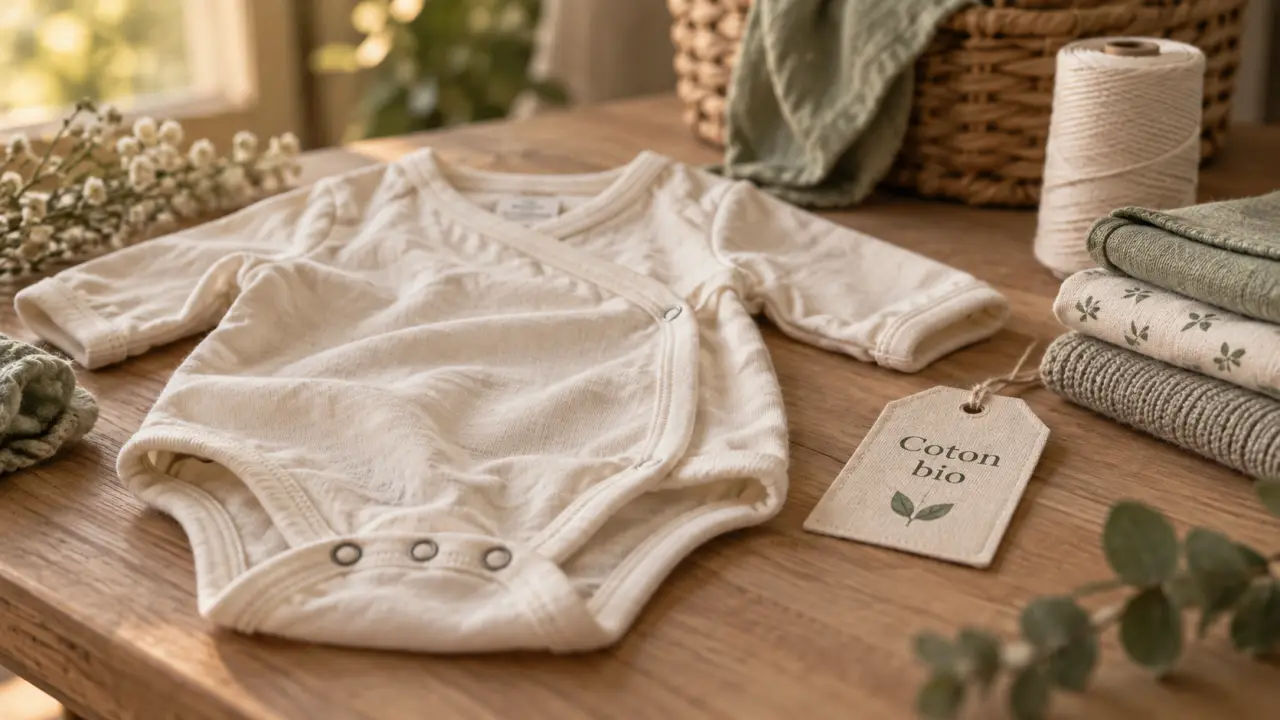 Body coton bio sur table, étiquette coton bio et pressions