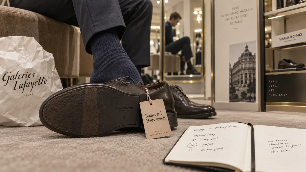 Chaussures vagabond paris en cabine d’essayage, derbies cuir et étiquette Boulevard Haussmann